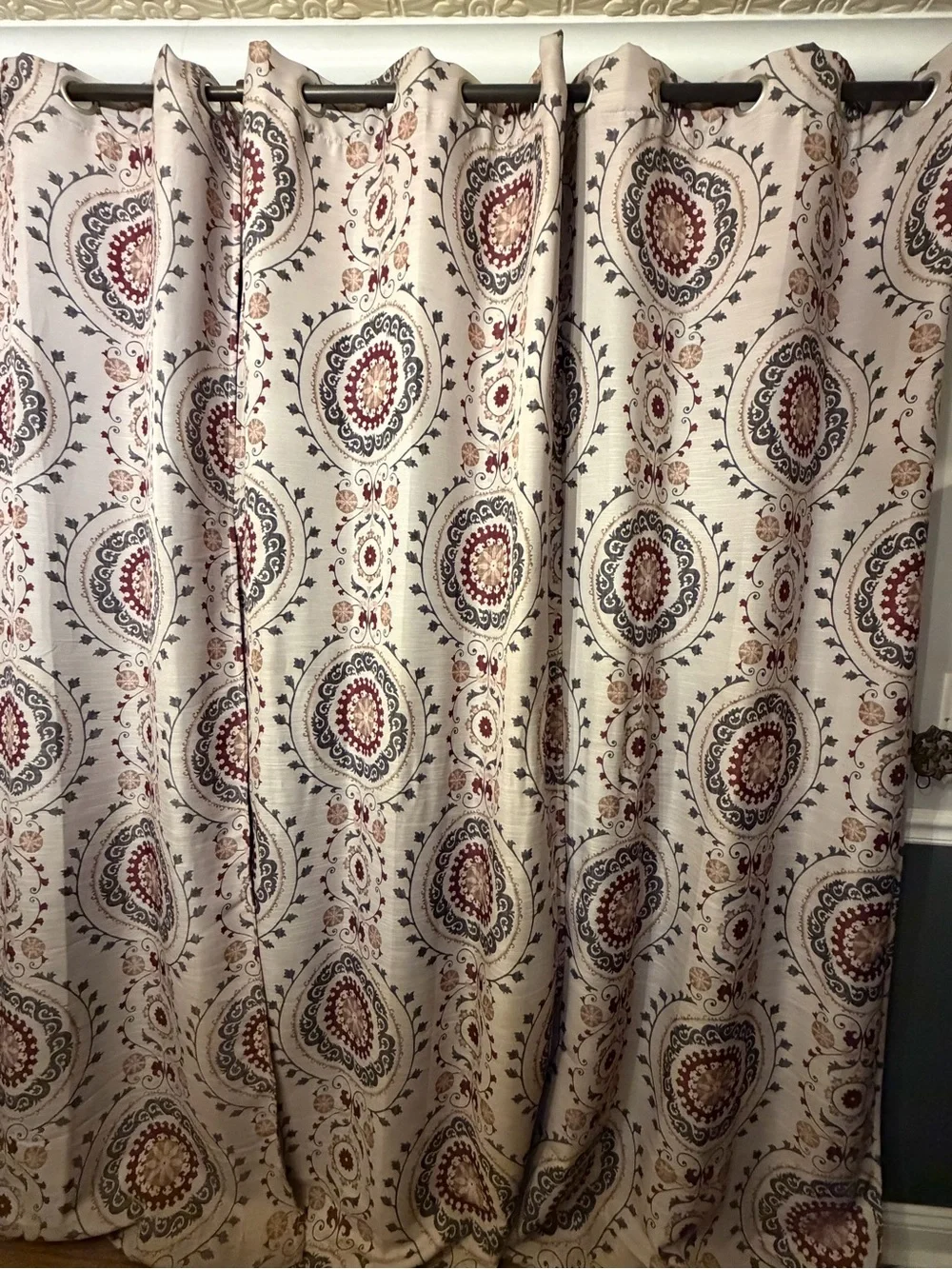 The Big One Beige Medallion Grommet Curtain Panel with Red and Gray Accents
